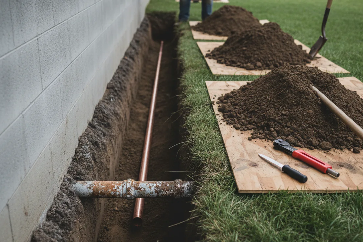 Excavated water line trench during Water Softener Installation in Cedar